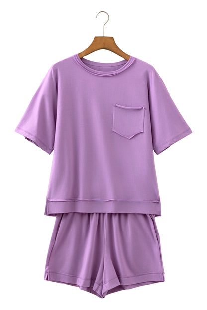 Mint Green Raw Edge Patch Pocket Oversized Top and Shorts Set