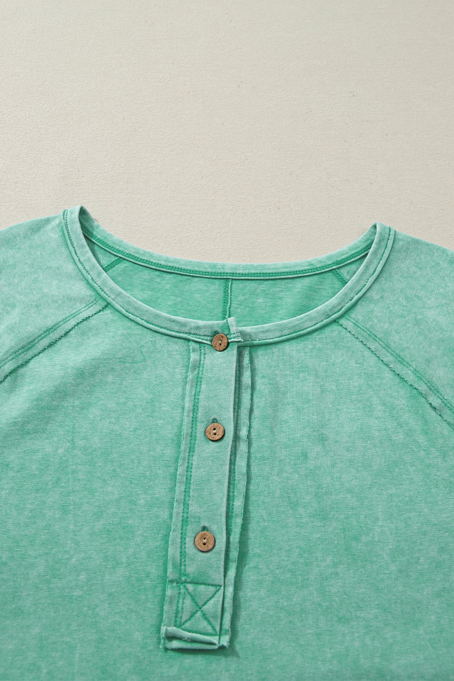 Mint Green Half Buttons Raw Seam Raglan Sleeve Mineral Wash T Shirt