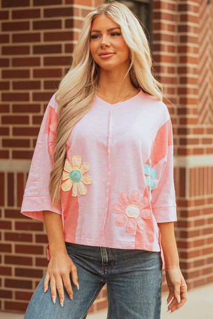 Pink Flower Patched Exposed Seam Bracelet Sleeve Oversized T Shirt