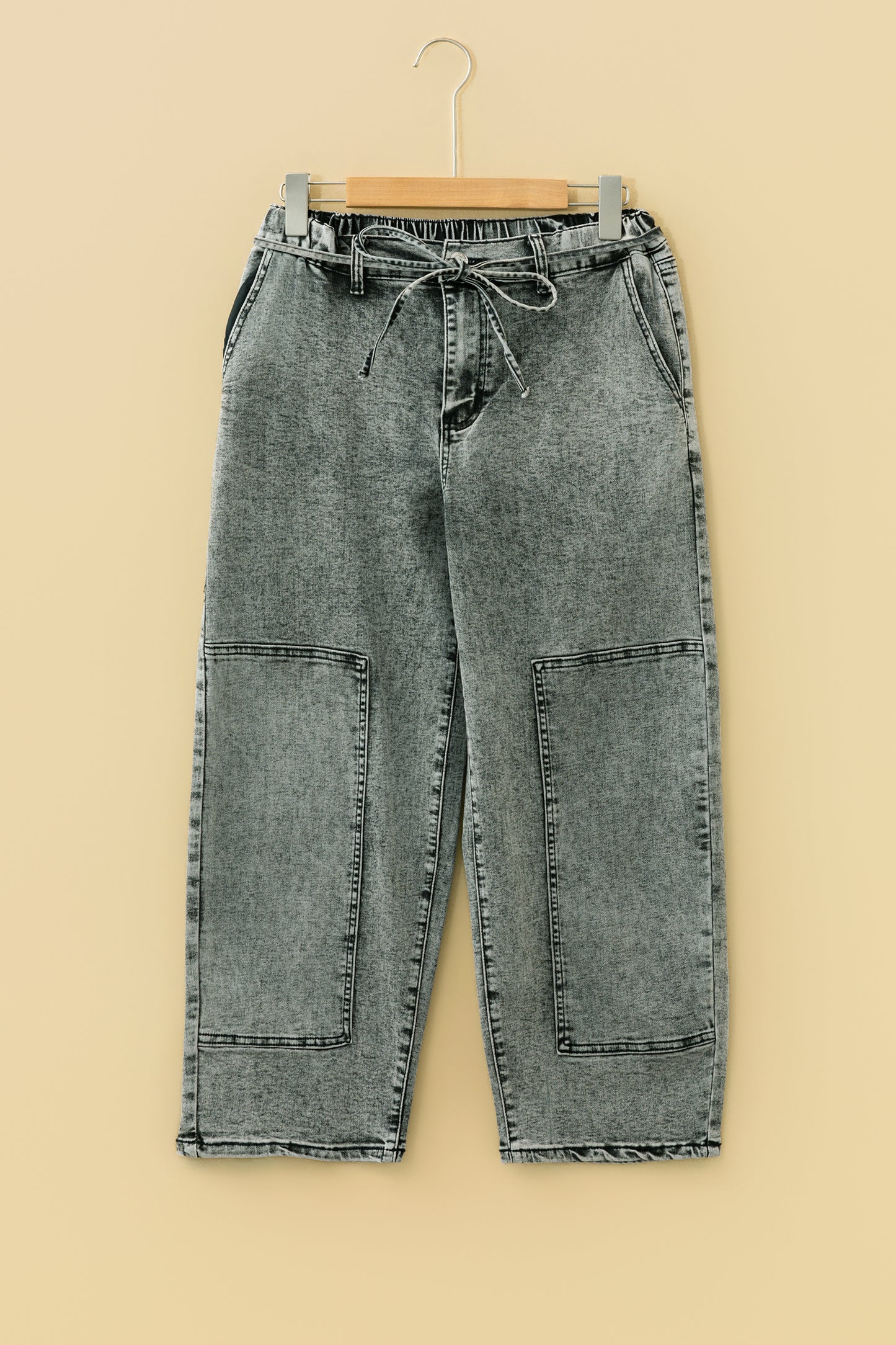 Gray Acid Wash Barrel Fit Denim Pants with Waist String