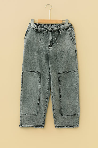 Gray Acid Wash Barrel Fit Denim Pants with Waist String