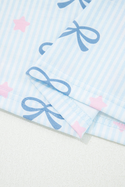 Sky Blue Stripe Bow Star Print Tied Detail 2pcs Lounge Set