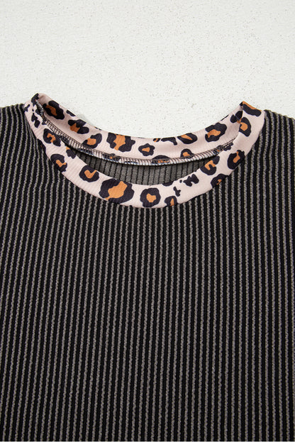 Carbon Grey Leopard Patchwork Edge Twisted Rib T Shirt and Cropped Pants Set