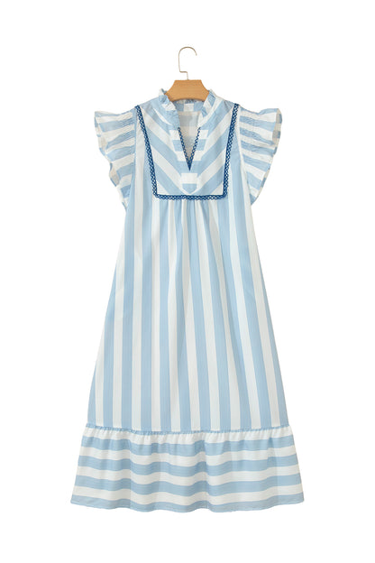 Sky Blue Stripe Subtle Lace Detail V Neck Ruffle Trim Casual Dress