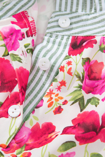 Red Floral Print Striped Patchwork Collared Short Sleeve Blouse