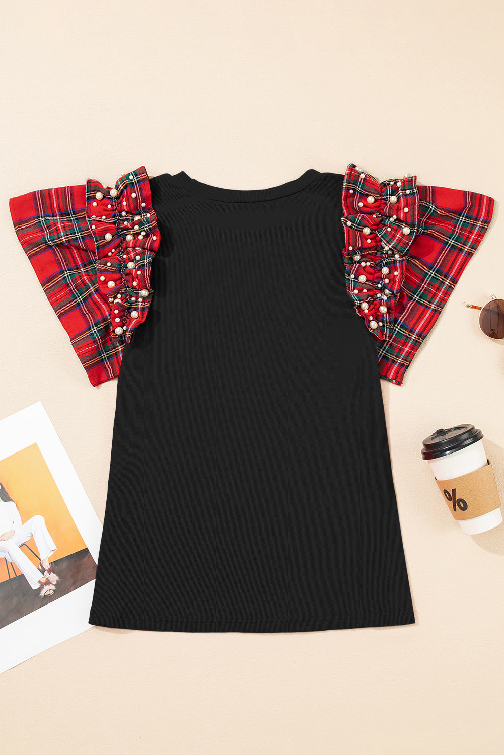 Black Plaid Pearl Ruffle Short Sleeve Loose T Shirt