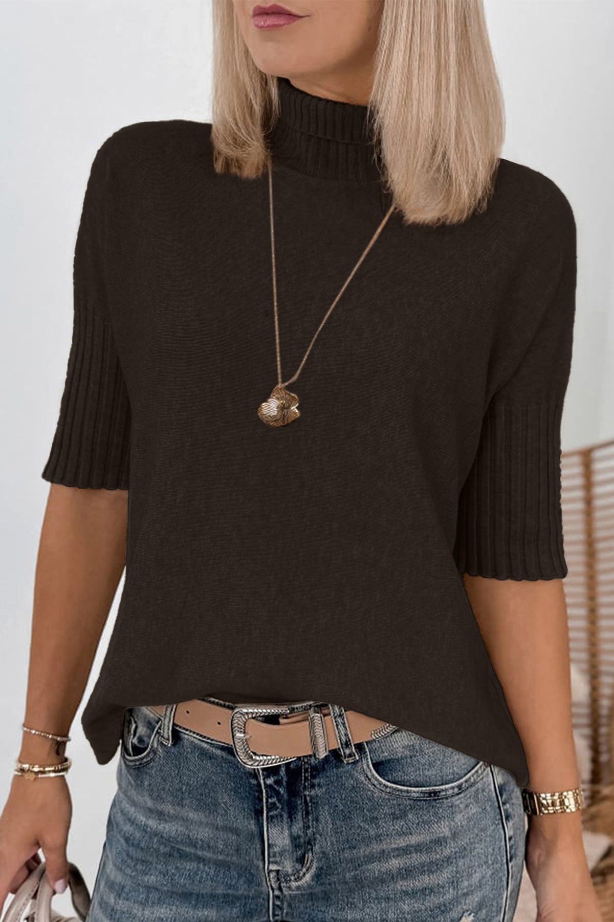 Burgundy Ribbed Trim High Neck Short Sleeve Casual Sweater