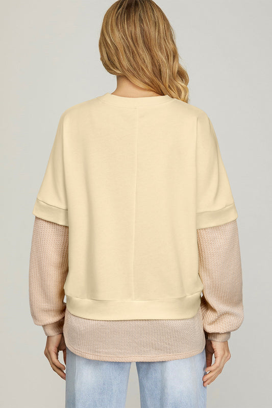 Apricot 2 in 1 Faux Two Piece Patchwork Round Neck Sweatshirt