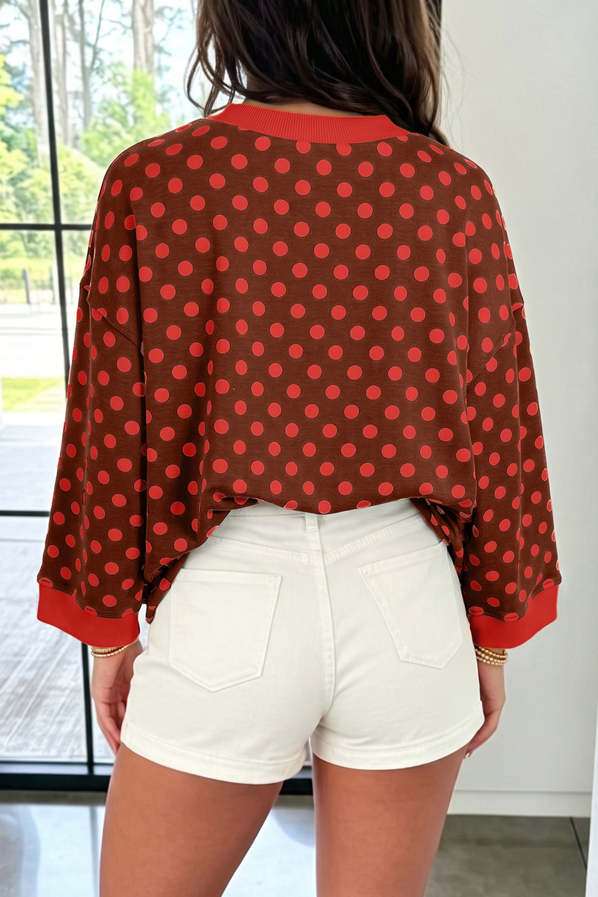 Green Polka Dot Print Contrast Trim Round Neck Bracelet Sleeve Top