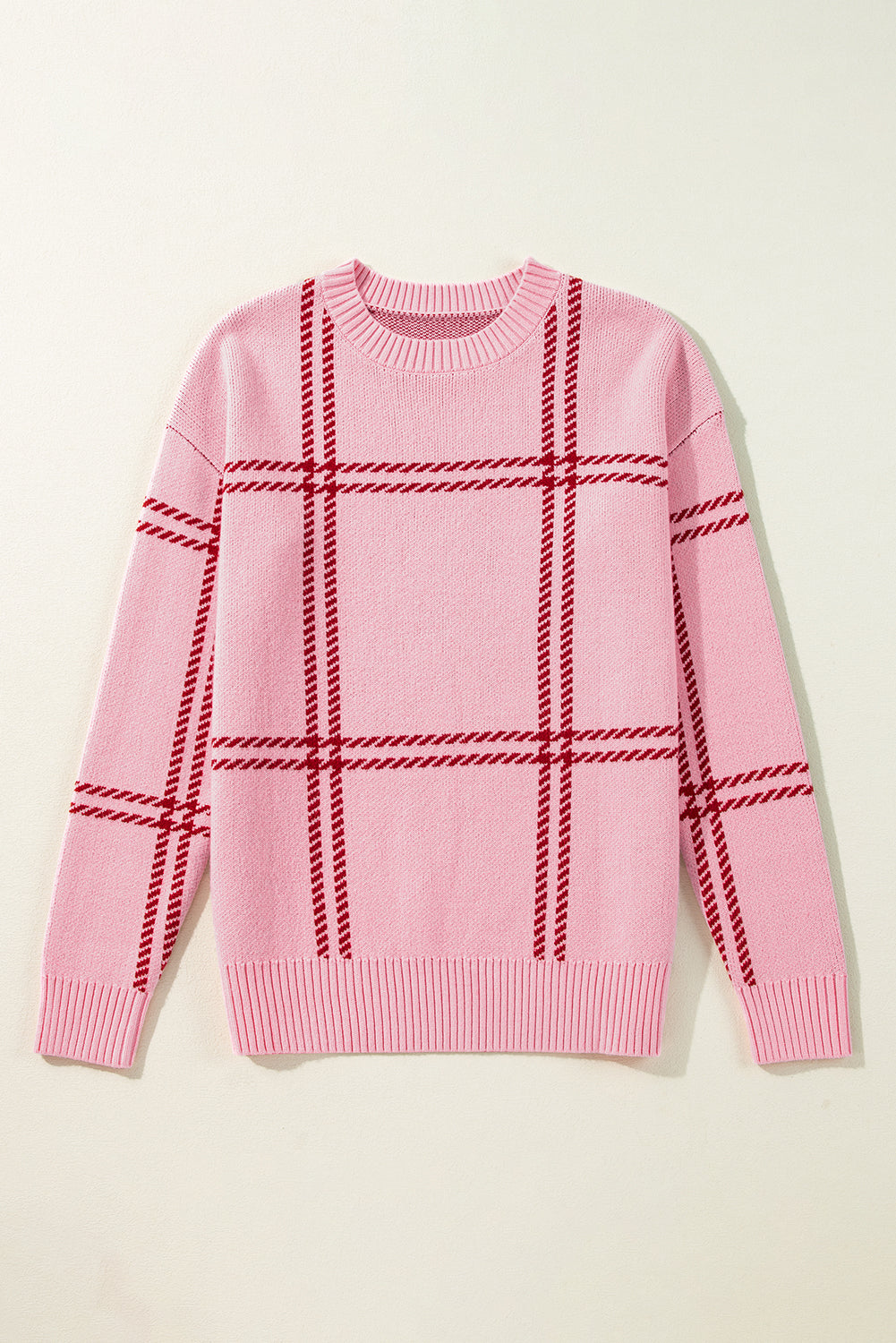 Pink Plaid Pattern Knitted Drop Shoulder Sweater