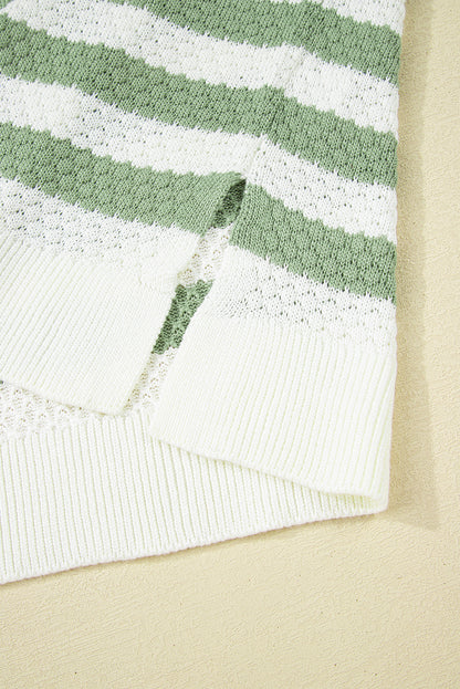 Green Stripe V Neck Short Sleeve Sweater with Side Slits