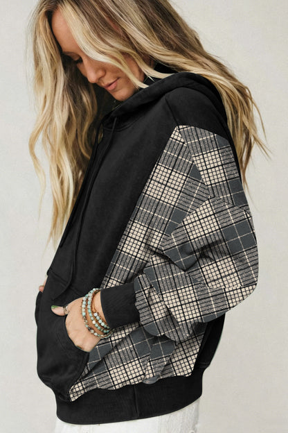 Moss Green Plaid Sleeve Drawstring Pocket Hooded Sweatshirt
