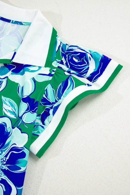 Bright Green Contrast Floral Print Collared V Neckline Ruffled Cap Sleeve Shift Dress with Pockets