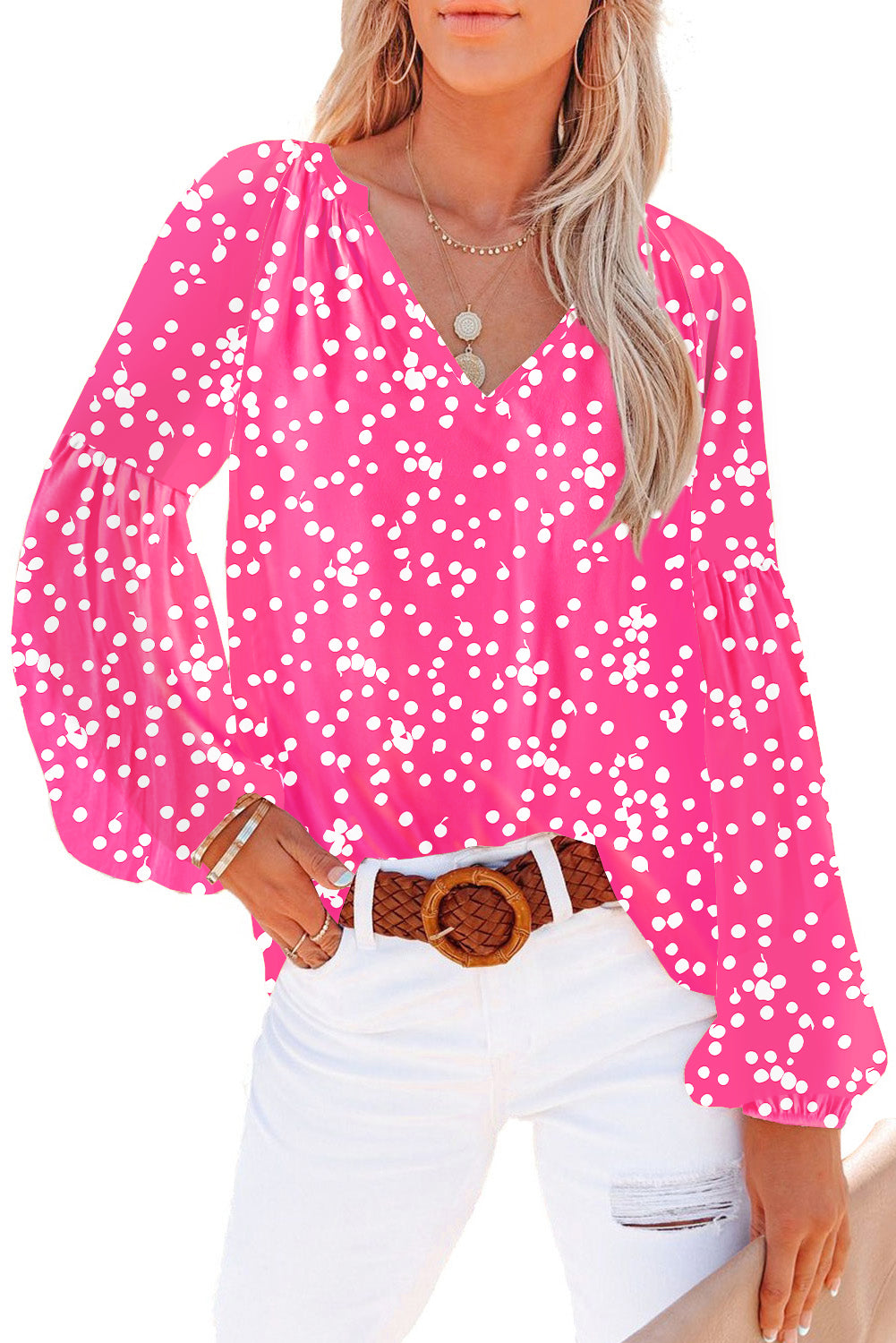 Orange Floral Print V Neck Long Puff Sleeve Top
