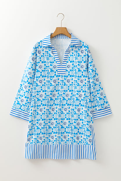Sky Blue Contrast Striped Trim Floral Shift Fit Fall Dress