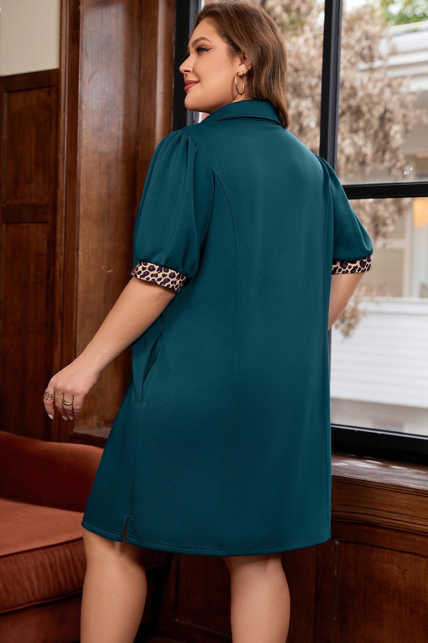 Sea Green Leopard Patchwork Detail Quarter Zip Collared Plus Size Mini Dress
