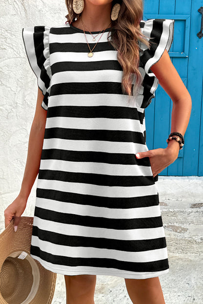 Green Stripe Flutter Sleeve Round Neck Shift Dress