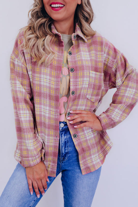 Pink Plaid Print Chest Pocket Long Sleeve Shacket