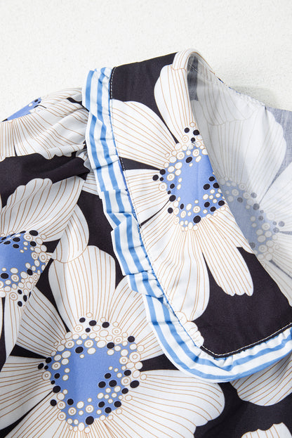 Black Floral Print Striped Tie Sleeve Collared V Neck Blouse