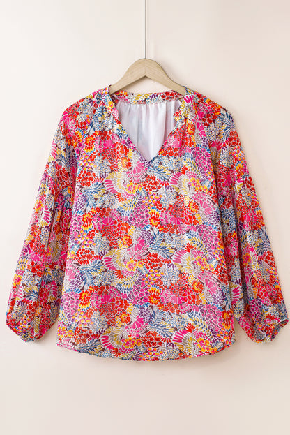Orange Floral Print V Neck Long Puff Sleeve Top