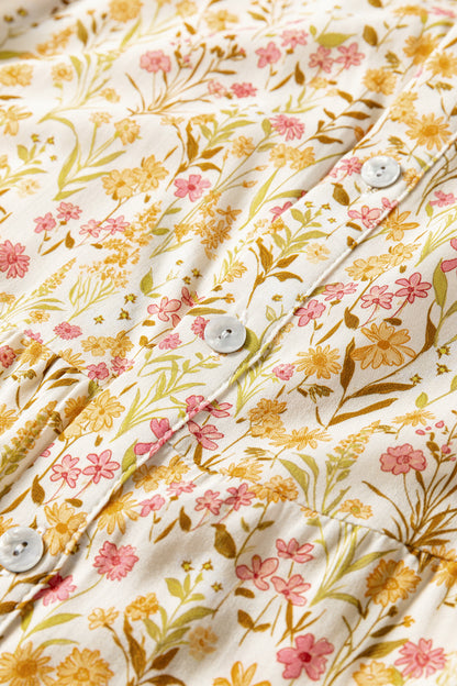 Yellow Floral Print Frilly Trim Smocked Cuff Long Sleeve Loose Shirt Dress