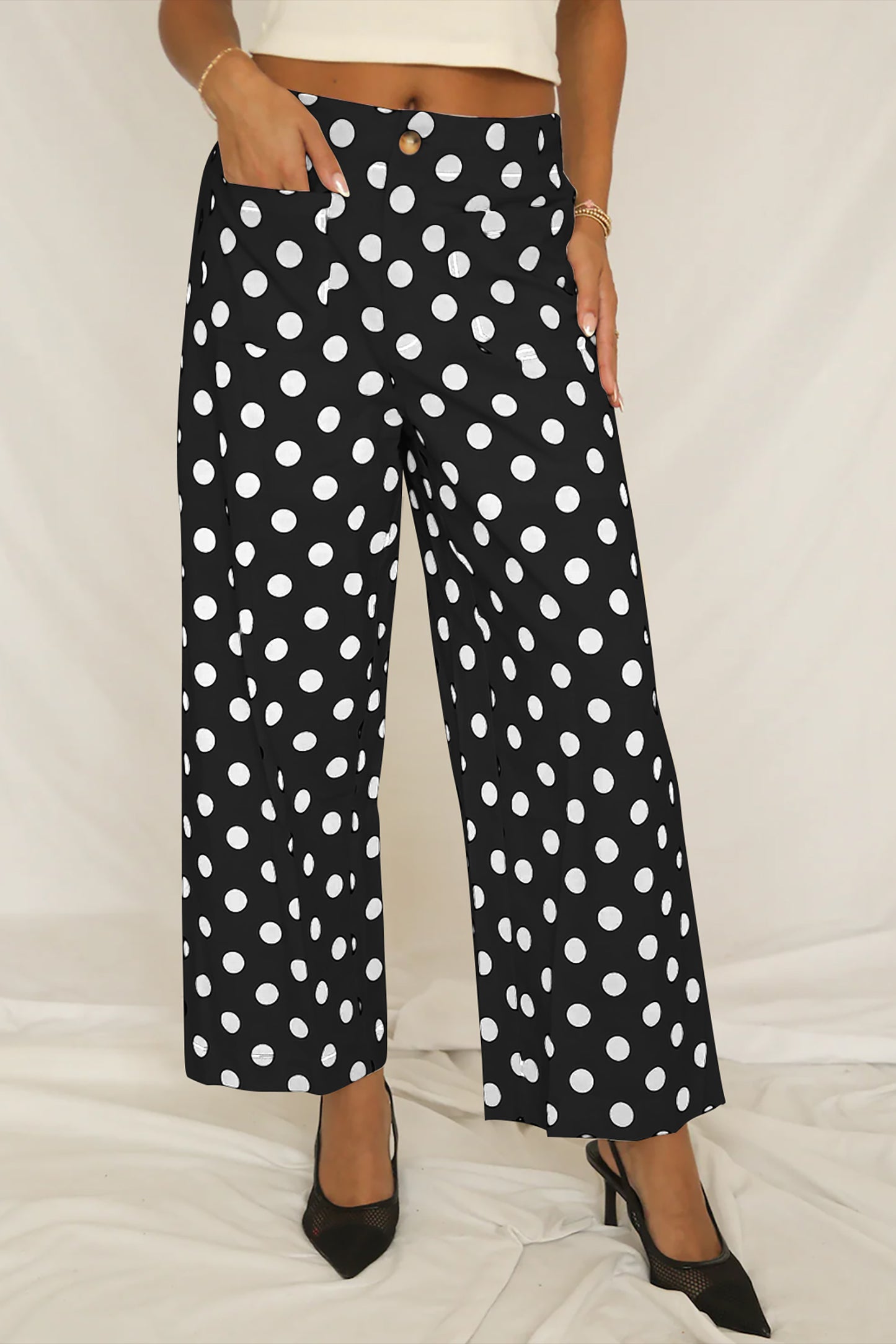 Sky Blue Polka Dot Print Patched Pocket Mid-rise Straight Leg Pants