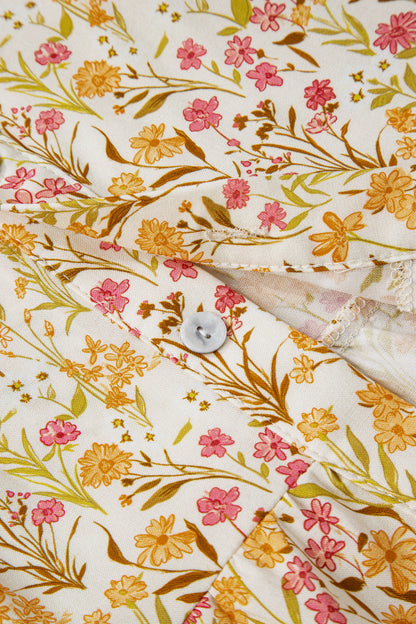 Yellow Floral Print Frilly Trim Smocked Cuff Long Sleeve Loose Shirt Dress