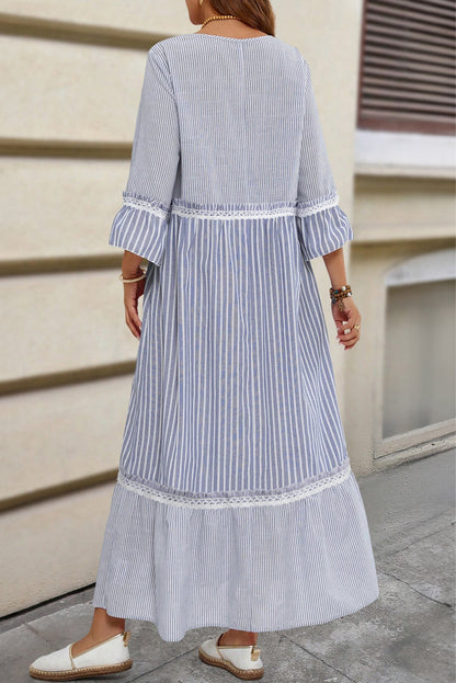 Sky Blue Stripe Patchwork Crossed Lace Detail Bracelet Sleeve Maxi Dress