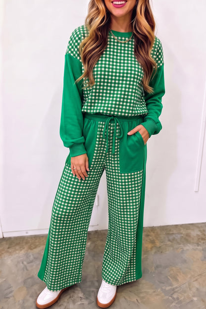 Pink Color Block Plaid Patchwork Long Sleeve Pullover Wide Leg Pant Set