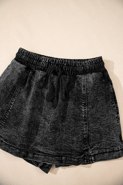 Black Drawstring High Waist Pocketed Denim Shorts