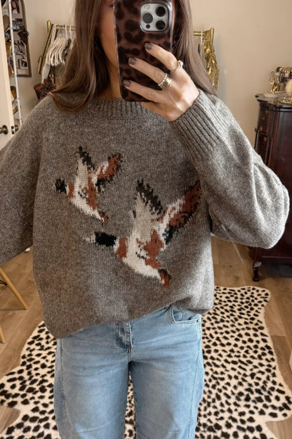 Green Wild Mallard Drop Shoulder Round Neck Long Sleeve Pullover Sweater