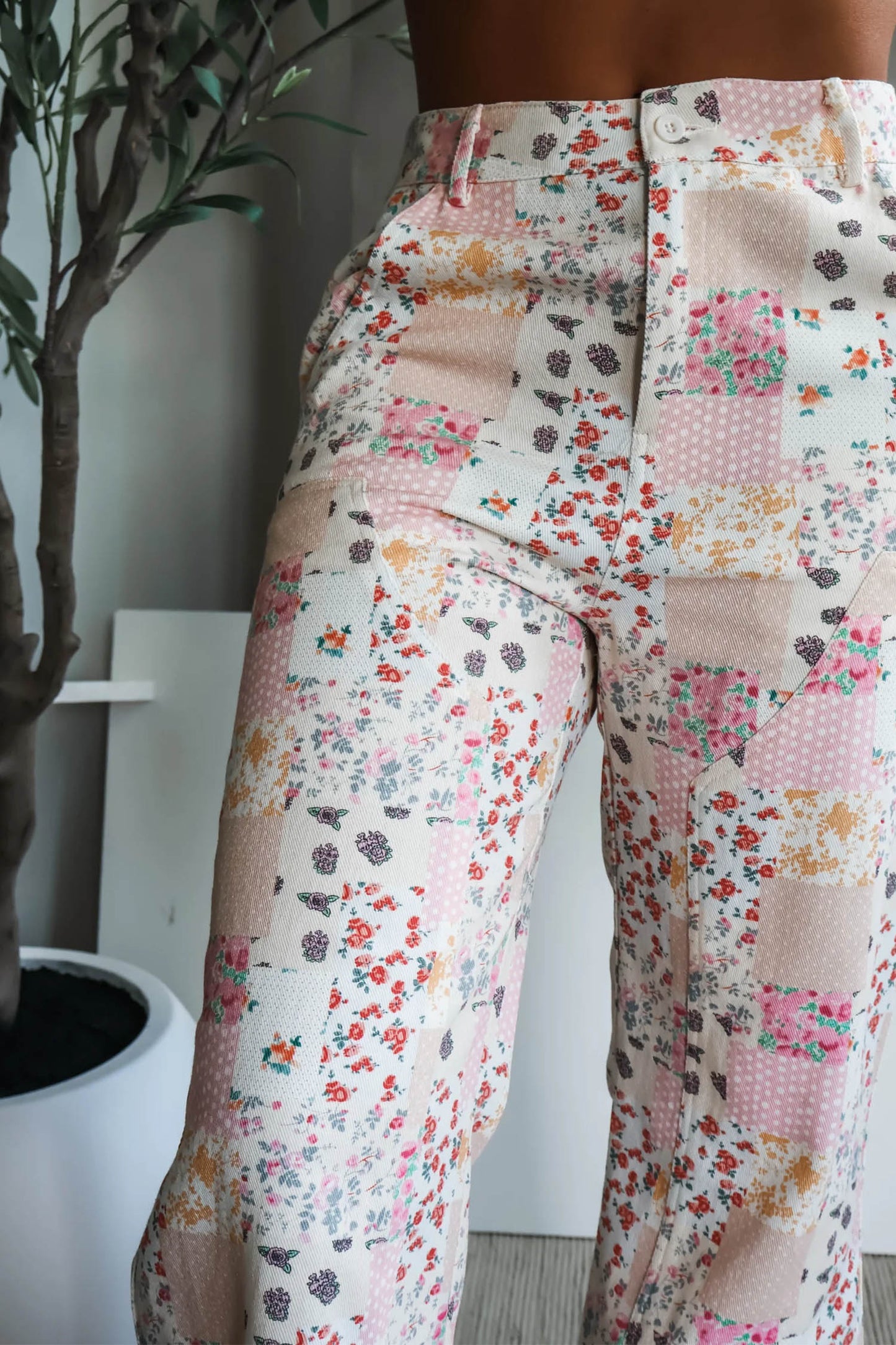 Pink Floral Patchwork Wide Leg Full Length Jeans
