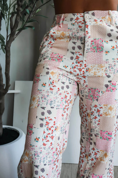 Pink Floral Patchwork Wide Leg Full Length Jeans
