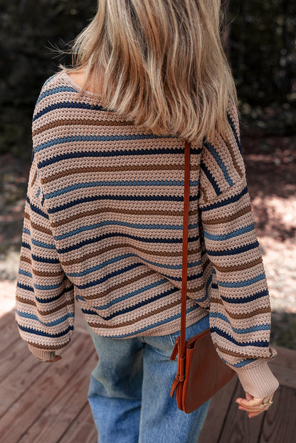 Multicolour Striped Knitted Drop Shoulder Round Neck Sweater