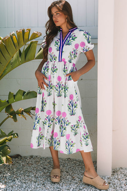 Blue Floral Puff Short Sleeve V Neck High Waist Maxi Dress