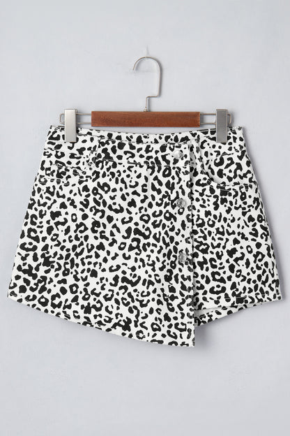Brown Leopard Print Button Overlap Denim Shorts