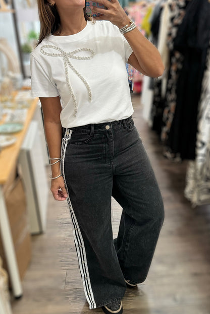 White Rhinestone Bow Embellished Round Neck Tee