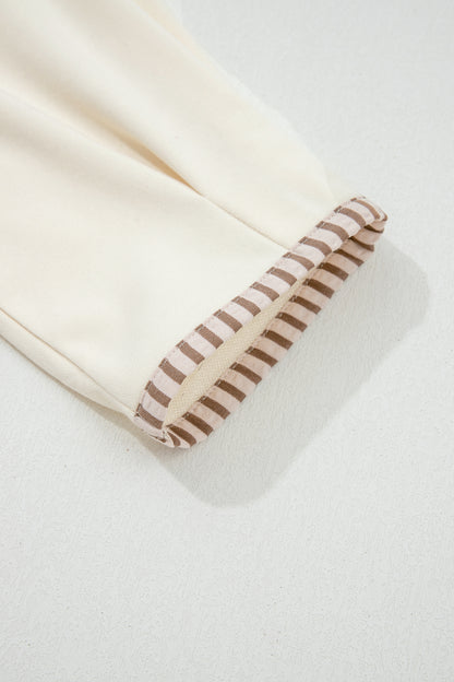 Khaki Stripe Plus Size Color Block Patchwork Half Button Long Sleeve Peplum Blouse