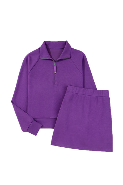 Pink Half Zip Sporty Pullover Mini Skirt 2pcs Outfit