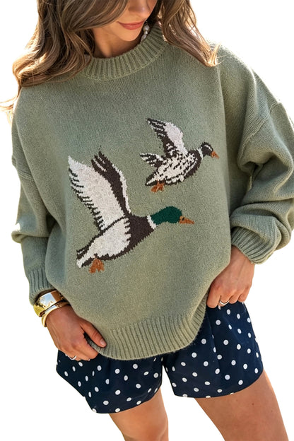Laurel Green Flying Mallard Pattern Round Neck Drop Shoulder Knit Sweater