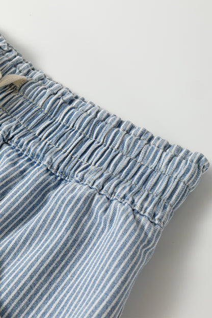 Sky Blue Stripe Raw Edge Drawstring Elastic Waist Casual Denim Shorts