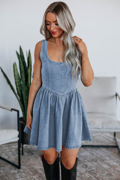 Myosotis Square Neck Bowknot A-line Sleeveless Denim Dress