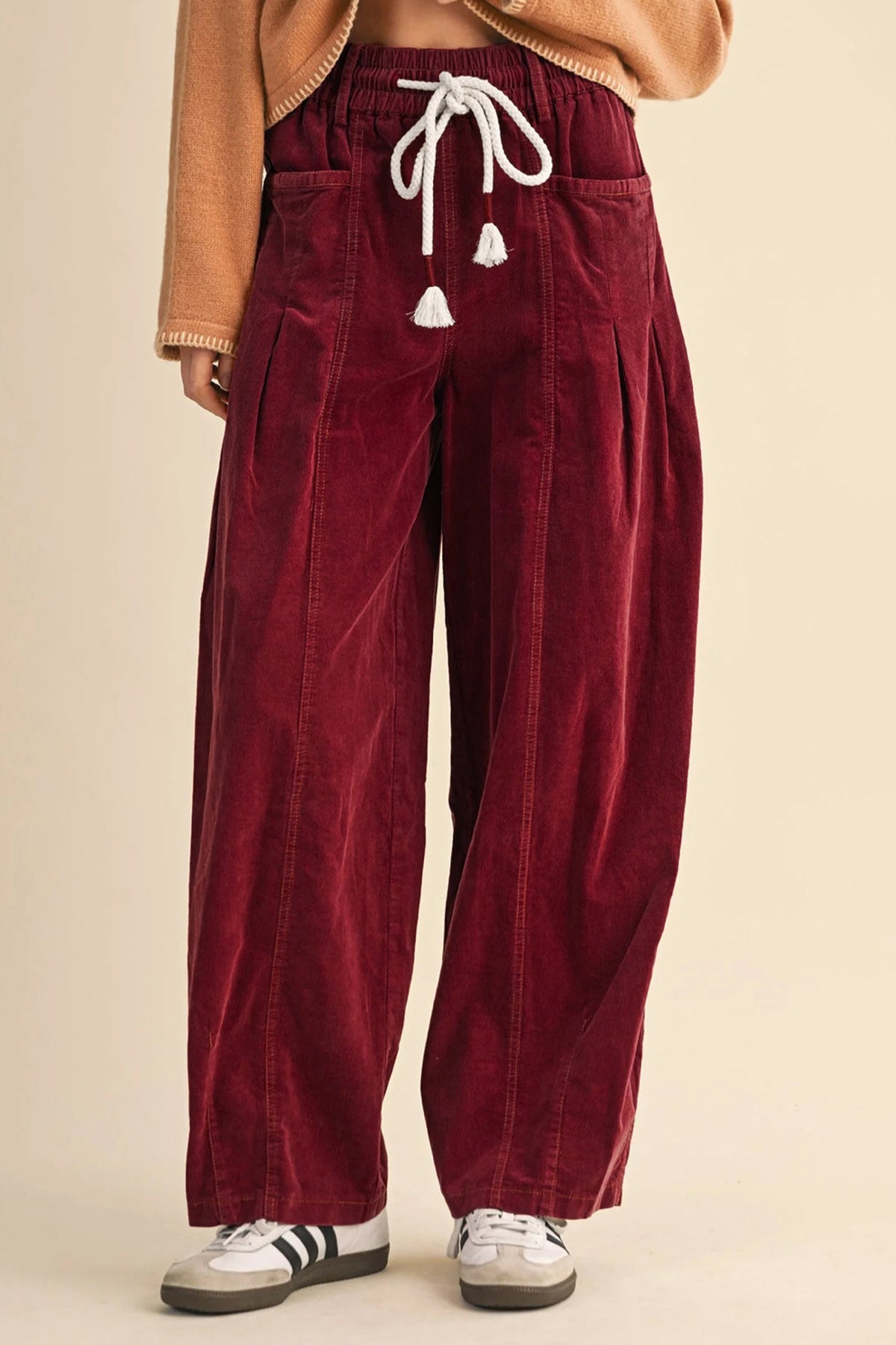 Chestnut Elastic Waist Drawstring Corduroy Casual Pants