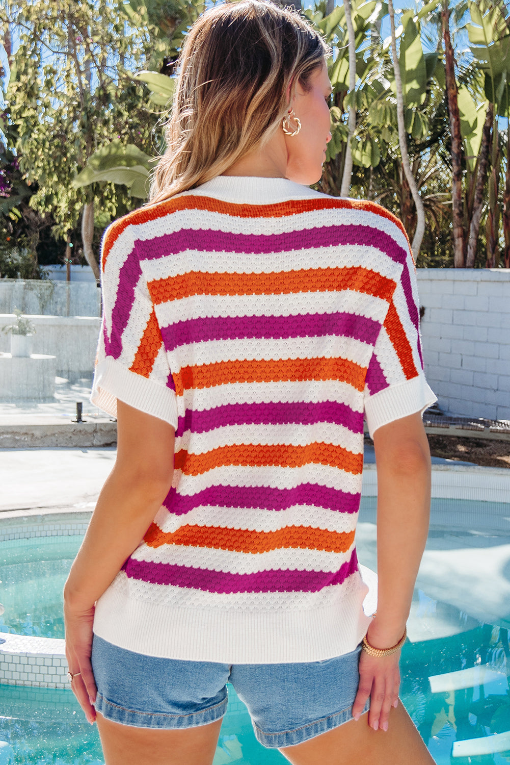 Green Stripe V Neck Short Sleeve Sweater with Side Slits