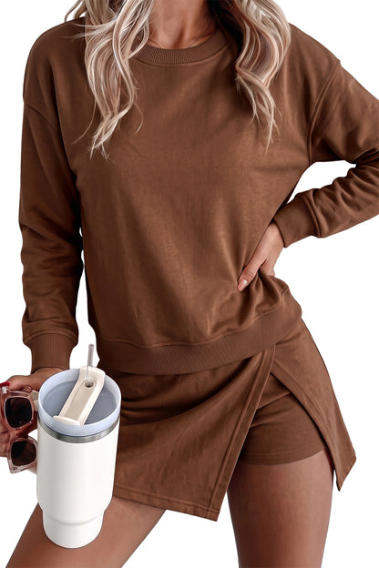 Dirty blue Solid Color Long Sleeve Top Split Skort 2pcs Outfit