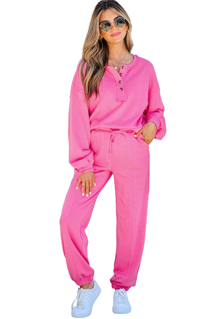 Bright Pink Raw Edge Half Buttons Pullover and Jogger Pants Set