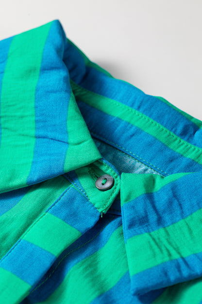 Blue Stripe Tie Puff Sleeve Womens Button Down Shirt