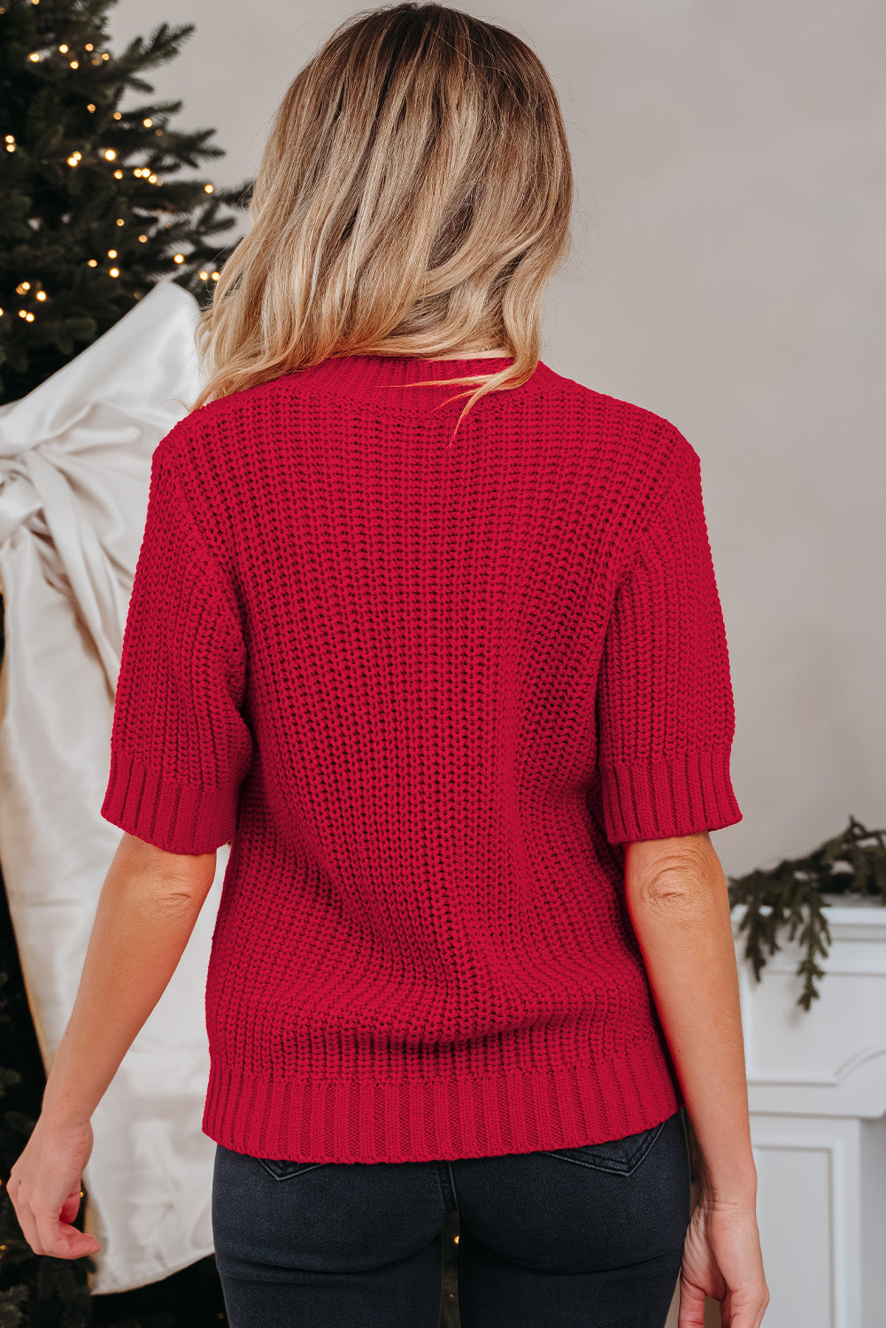 Black Plaid Lace up Detail Christmas Holiday Puff Short Sleeve Sweater