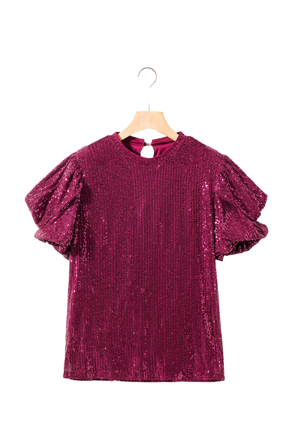 Burgundy Glittering Sequin Short Bubble Sleeve Blouse