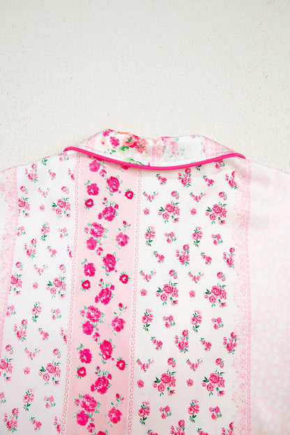 Pink Mixed Floral Print Contrast Piping Trim Satin Tie 2pcs Pajama Set